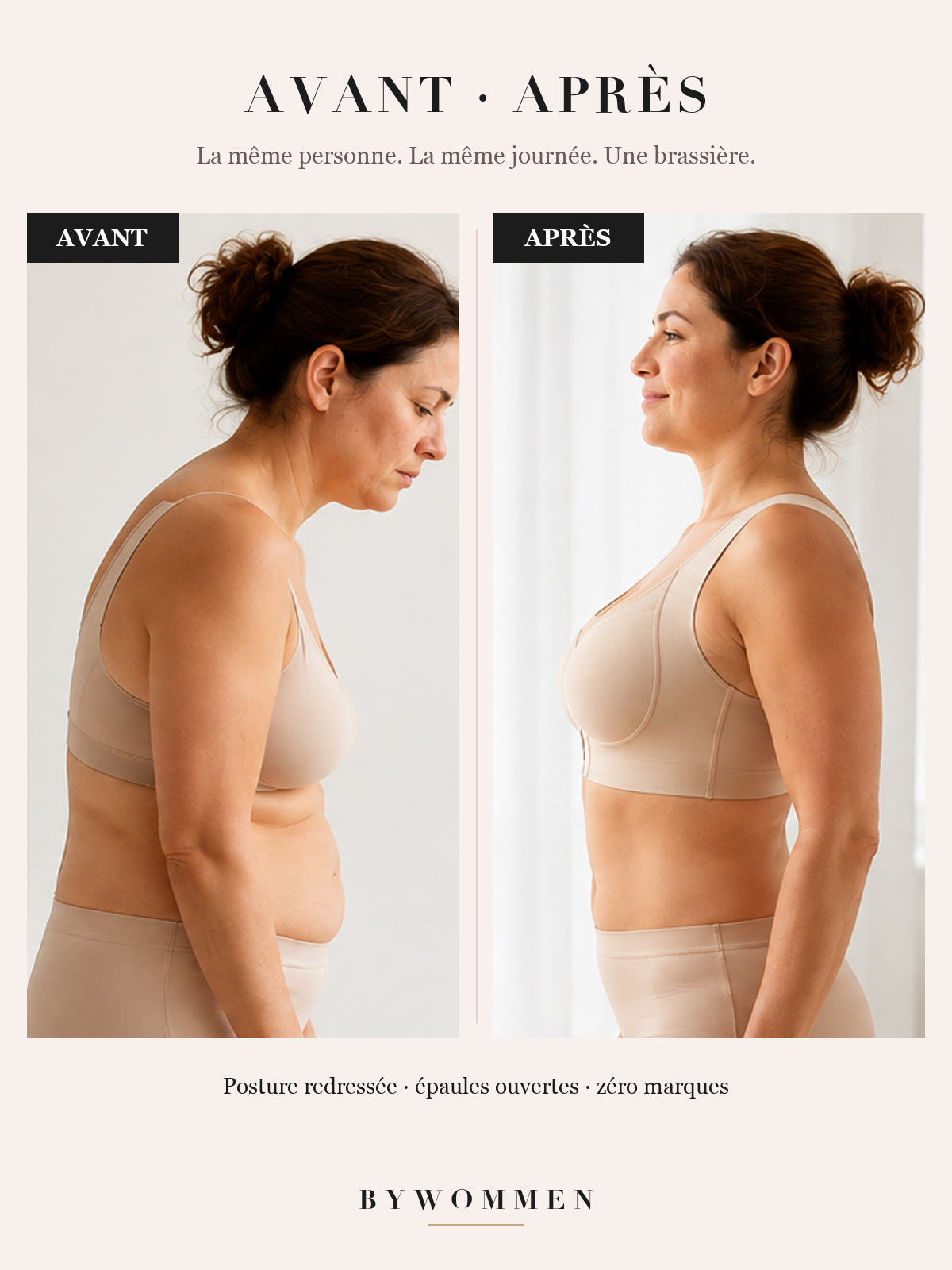 Avant après : posture redressée avec la brassière Bywommen